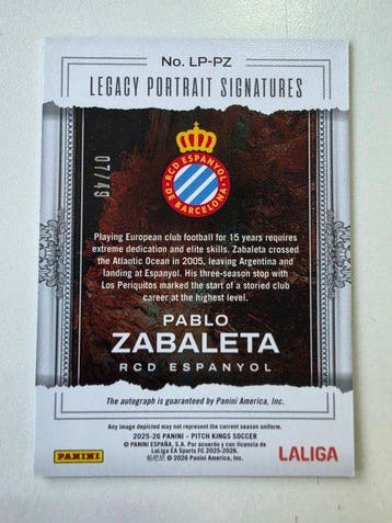2025/26 Panini Pitch Kings Pablo Zabaleta LP-PZ Gesigneerde, Nieuw
