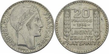 Frankreich 20 Francs 1938 Paris zilver Turin Republique F..., Verzenden, België