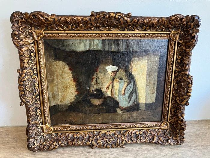 Hendrikus van Langen (1874-1964) - Vrouw bij kookpot, Antiquités & Art, Art | Peinture | Classique