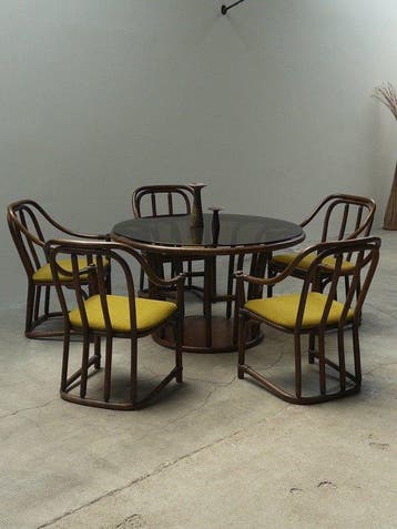 Im Stil von Franco Albini - Eettafel - Bamboe, Textiel, Glas