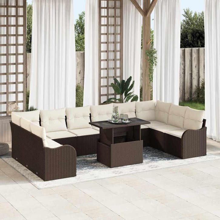 vidaXL Tuinbank Set 11 st Bruin Poly rattan, Tuin en Terras, Tuinsets en Loungesets, Nieuw, Verzenden