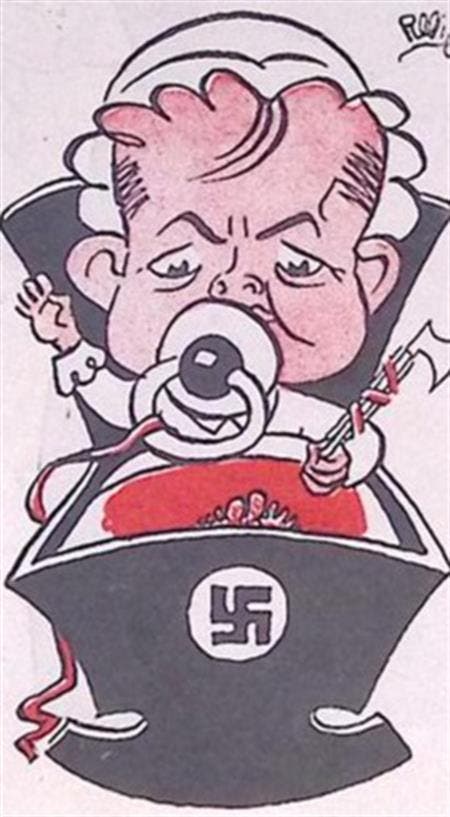 Spotprent met baby in een Nazi wieg (lijst optie, Lithos), Antiek en Kunst, Kunst | Litho's en Zeefdrukken, Verzenden