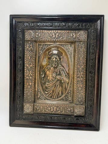 Religieuze plaquette met rozenhouten frame – Heilig Hart van