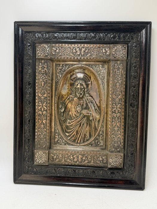 Religieuze plaquette met rozenhouten frame – Heilig Hart van, Antiek en Kunst, Kunst | Niet-Westerse kunst