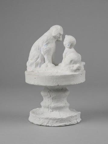 sculptuur, Vintage Concrete Sculpture of a Child and a Dog