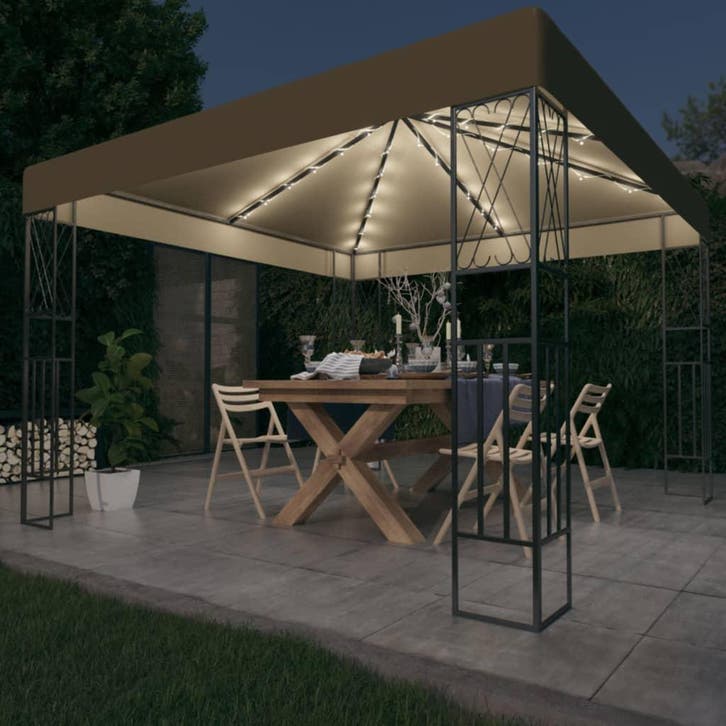 vidaXL Prieel met LED-lichtslinger 3x3 m stof taupe, Tuin en Terras, Partytenten, Nieuw, Verzenden