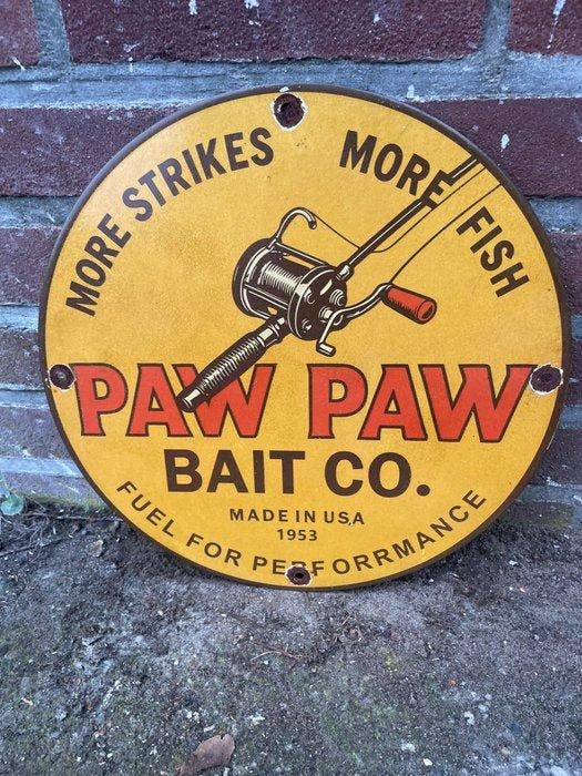 Paw Paw Bait Co. emaille reclamebord – Fishing reel – Made, Antiquités & Art, Antiquités | Assiettes décoratives & Carrelages