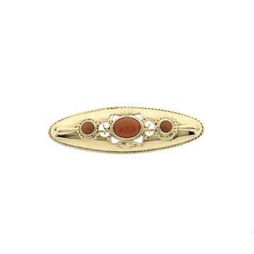 Antiek gouden broche met bloedkoraal, Handtassen en Accessoires, Broches, Gebruikt, Ophalen of Verzenden, Met edelsteen, Goud