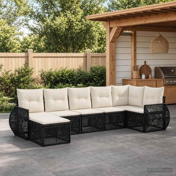 vidaXL Tuinbank Set 7 st Zwart en Crème Wit poly rattan, Verzenden