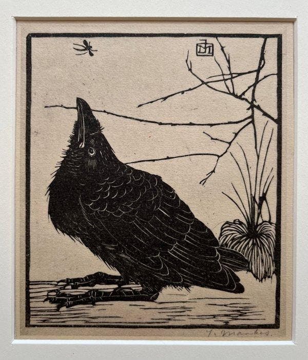 Jan Mankes (1889-1920) - Kleine Kraai omhoog kijkend naar, Antiek en Kunst, Antiek | Overige Antiek