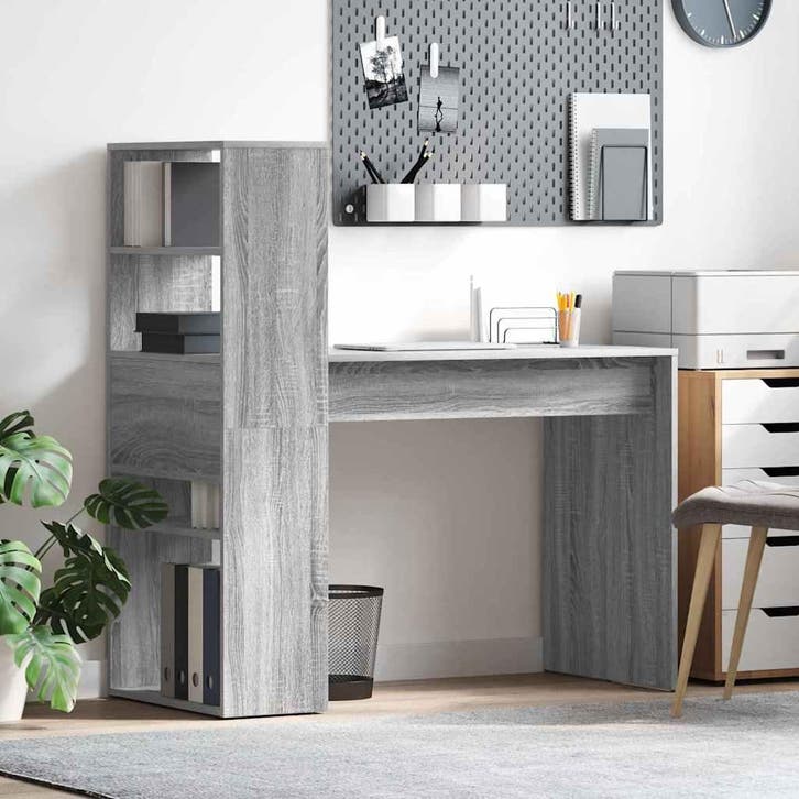 vidaXL Bureau met plank Grijs Sonoma 113 x 54 x 120 cm, Huis en Inrichting, Bureaus, Nieuw, Verzenden