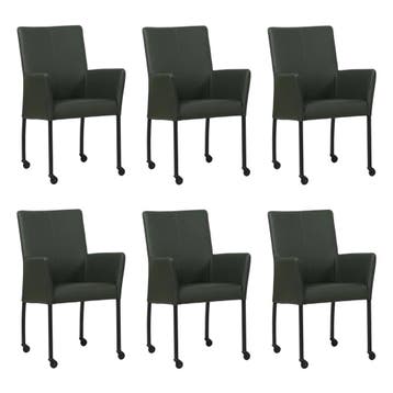 Set van 6 Leren eetkamerstoelen Comfort met wieltjes en, Ophalen of Verzenden