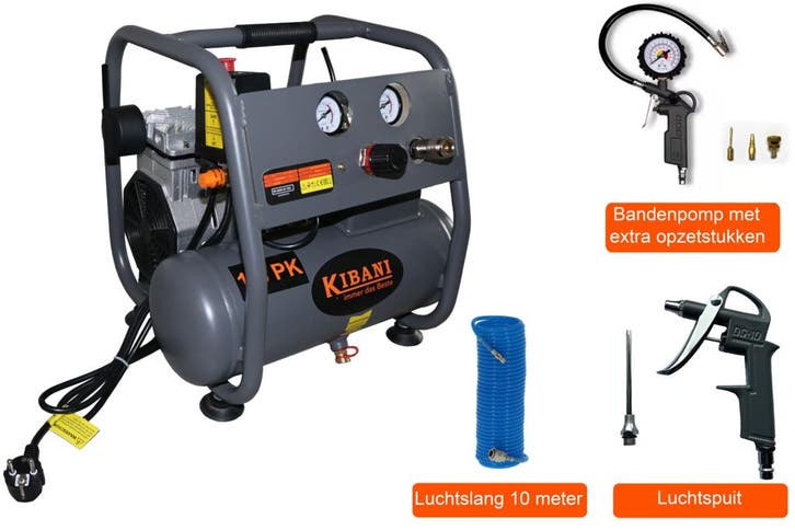 Kibani Super Stille Compressor 6 Liter + Luchtslang +, Bricolage & Construction, Compresseurs
