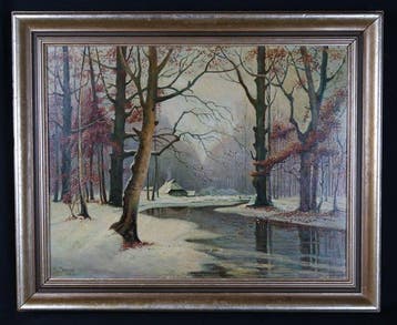 H. Conrad (XX) - Winterwald mit Bach und Forsthaus