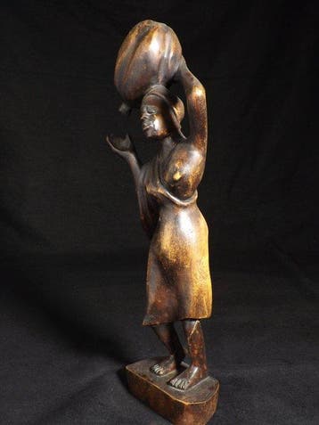 Large African Hand-Carved Wooden Figure of a Woman Carrying, Antiek en Kunst