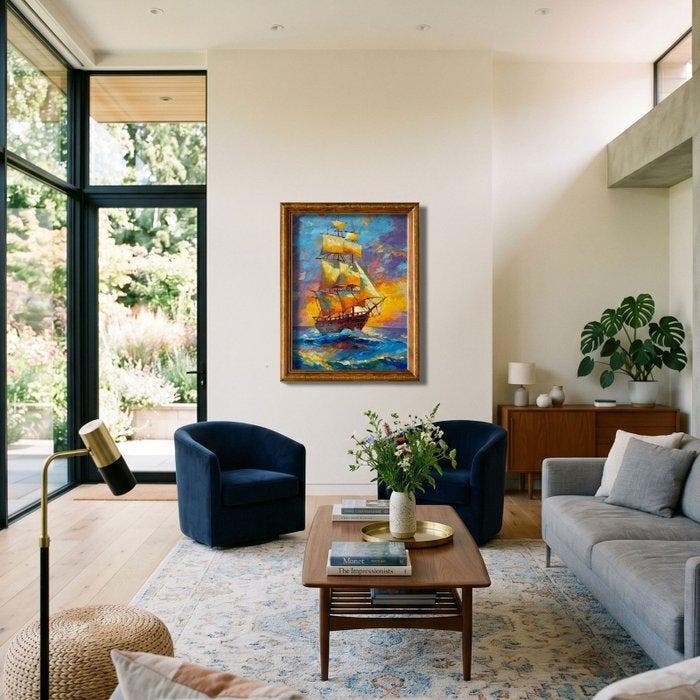 Jarol - Galeón sobre las Olas del Atardecer Cúbico, Antiek en Kunst, Kunst | Schilderijen | Klassiek