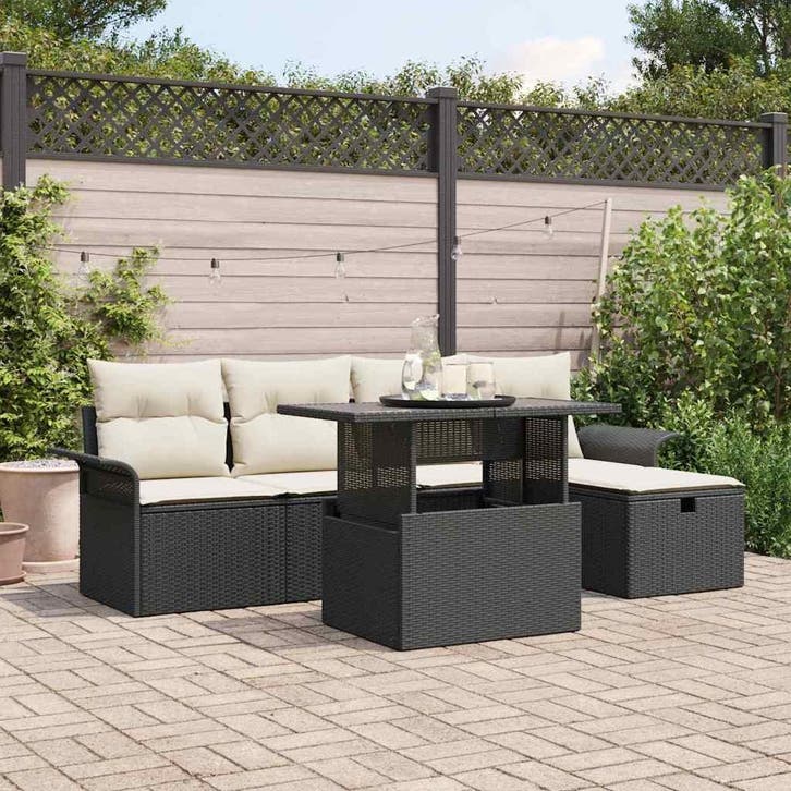 vidaXL Tuinbank Set met kussen met opslag 6 pcs Zwart Poly, Tuin en Terras, Tuinsets en Loungesets, Nieuw, Verzenden