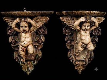 sculptuur, Italiaanse Putti consoles - 34 cm - Hout