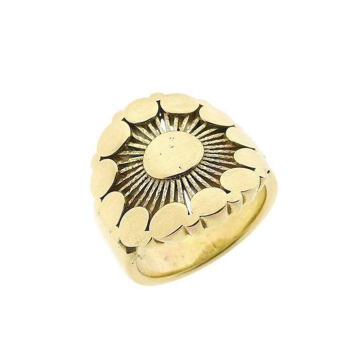 Gouden zegelring met zonnestraal motief, Bijoux, Sacs & Beauté, Bagues, Enlèvement ou Envoi