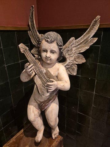 sculptuur, Massief Putto met Luit - XL - 80 cm - Eik