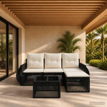 vidaXL Tuinbank Set 5 st Zwart en Crème Wit poly rattan, Verzenden, Nieuw