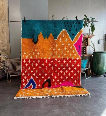 Oranje Marokkaanse Boujad-vloerkleed van wol – Vloerkleed, Nieuw