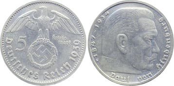 Duitsland 5 Reichsmark Hindenburg 1939 G Jahreszahl doppe..., Verzenden