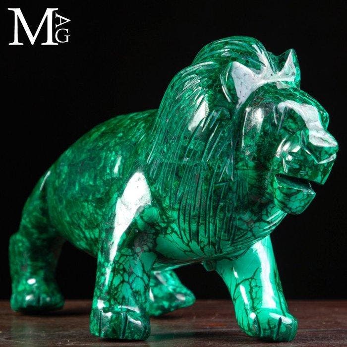 Buitengewone malachietsculptuur - Leeuw - AAA-kwaliteit, Collections, Minéraux & Fossiles