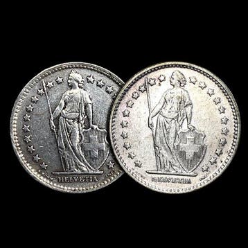 Zwitserland. Silver 2x 2 Francs (Helvetia standing) Coins, Postzegels en Munten