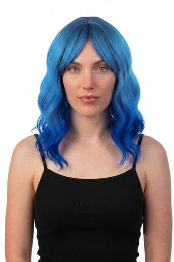 KIMU® Luxe Blauwe Pruik Schouderlengte Schuine Pony Krullen, Ophalen of Verzenden