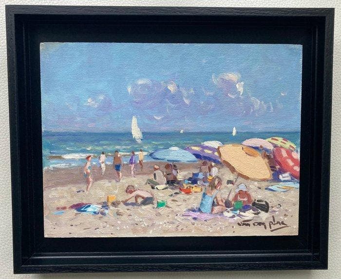 Niek van der Plas (1954) - Dagje aan het strand, Antiek en Kunst, Kunst | Schilderijen | Klassiek
