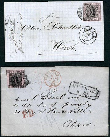 Baden 1851 - 2 buitenlandse brieven naar Wenen en naar, Gestempeld