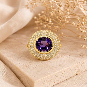 Zonder minimumprijs - Ring Verguld Amethist - Diamant - 18k, Nieuw