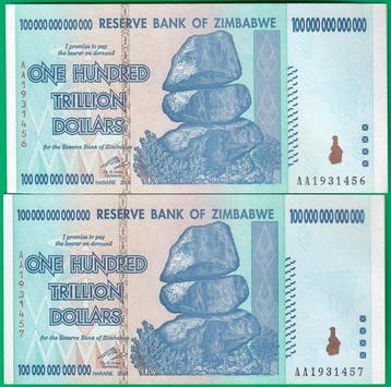 Zimbabwe. - 4 x 100 Trillion Dollars 2008 - Pick 91 - two, Postzegels en Munten