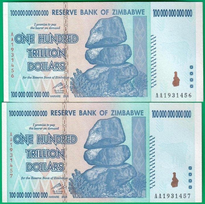 Zimbabwe. - 4 x 100 Trillion Dollars 2008 - Pick 91 - two, Timbres & Monnaies, Billets de banque | Europe | Billets non-euro
