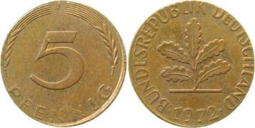 Duitsland Fehlpraegung 5 Pfennig 1972 J auf 1pfennig -ron..., Verzenden, België