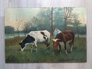 Herman Goossens (XX) - Boer met twee koeien in een wei, Antiek en Kunst