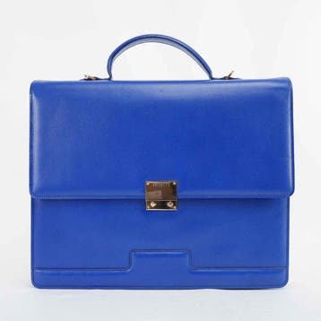 Valextra - Milano Structured Briefcase Bag Blue Leather Top, Nieuw