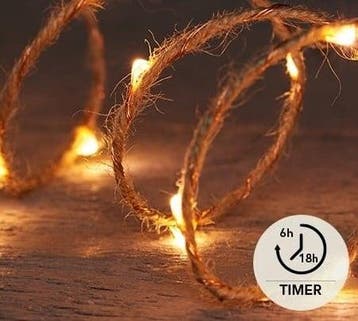 Ledstring Jute 2 meter 40 leds Classic timer 6/18h 2xAA