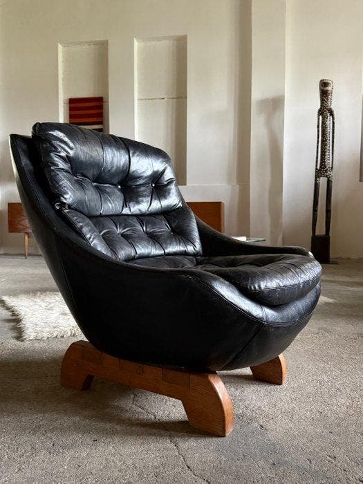 Fauteuil - Cuir, Bois - Fauteuil lounge, Antiquités & Art, Art | Objets design