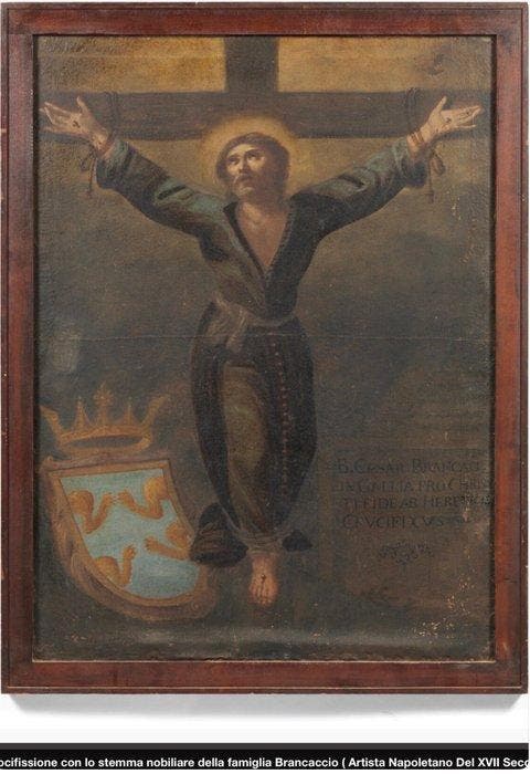 Scuola napoletana (XVII) - Crocifissione con stemma, Antiquités & Art, Art | Peinture | Classique