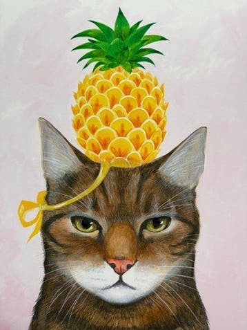 Isabelle Brent - “Pineapple Hat on the Cat”. - 40 x 32 cm.