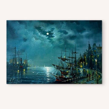Gorbachev Nikolay (1952) - Moon over the Harbor, Antiquités & Art, Art | Peinture | Classique