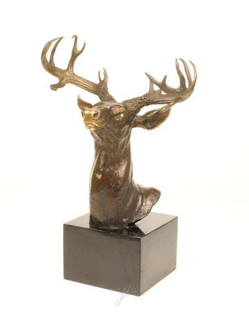 sculptuur, Large Handmade Bronze Sculpture – Deer Head,