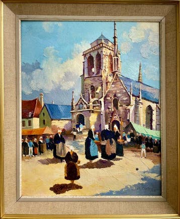 A. Cortey (XXe) - Jour de marché devant léglise Saint-Ronan