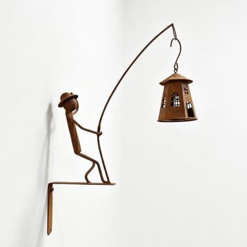 sculptuur, Vintage Metal Fisherman Wall Lantern – Handmade