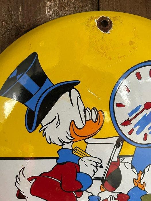 Rond metalen reclamebord met Donald Duck, Dagobert Duck en, Verzamelen, Disney