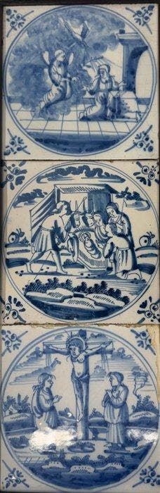 Tegel - Drie antieke blauw-witte Bijbelse tegels - 1700-1800