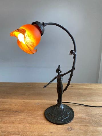 Gemarmerde glazen bloemkap - Lamp - Glas, Brons - Bronzen