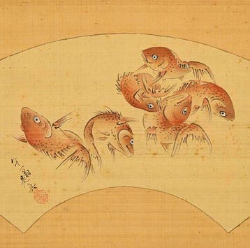 Very fine auspicious scroll depicting six tai breams, signed